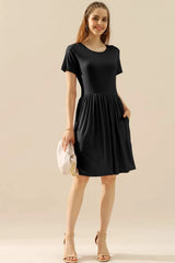 Ninexis Full Size Round Neck Ruched Dress with Pockets Cocktail Dresses - Tophatter Daily Deals