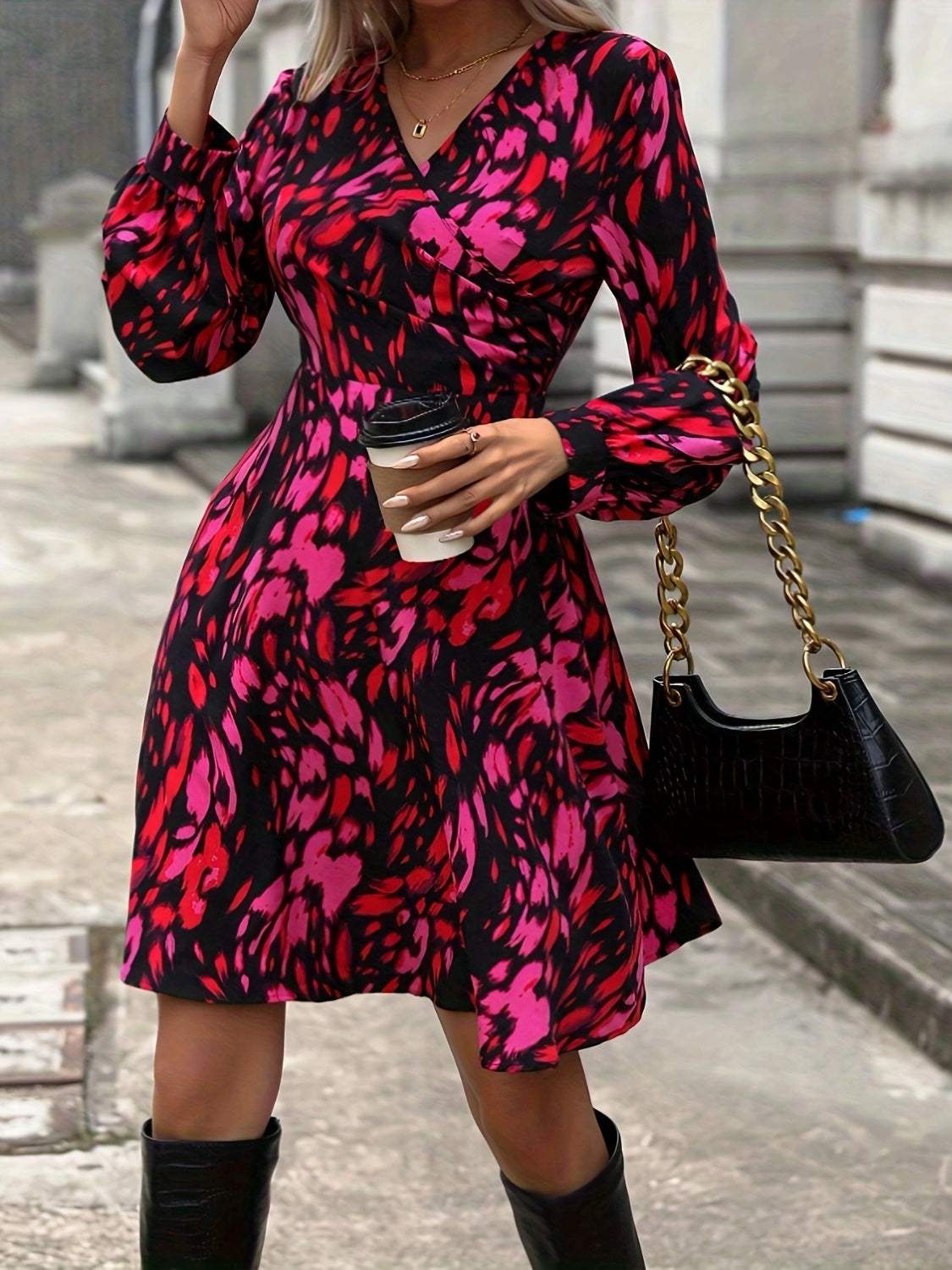 Printed Surplice Long Sleeve Dress Casual Dresses - Tophatter Daily Deals