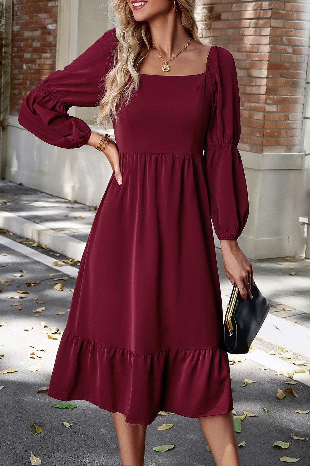 Square Neck Balloon Sleeve Midi Dress Casual Dresses - Tophatter Daily Deals