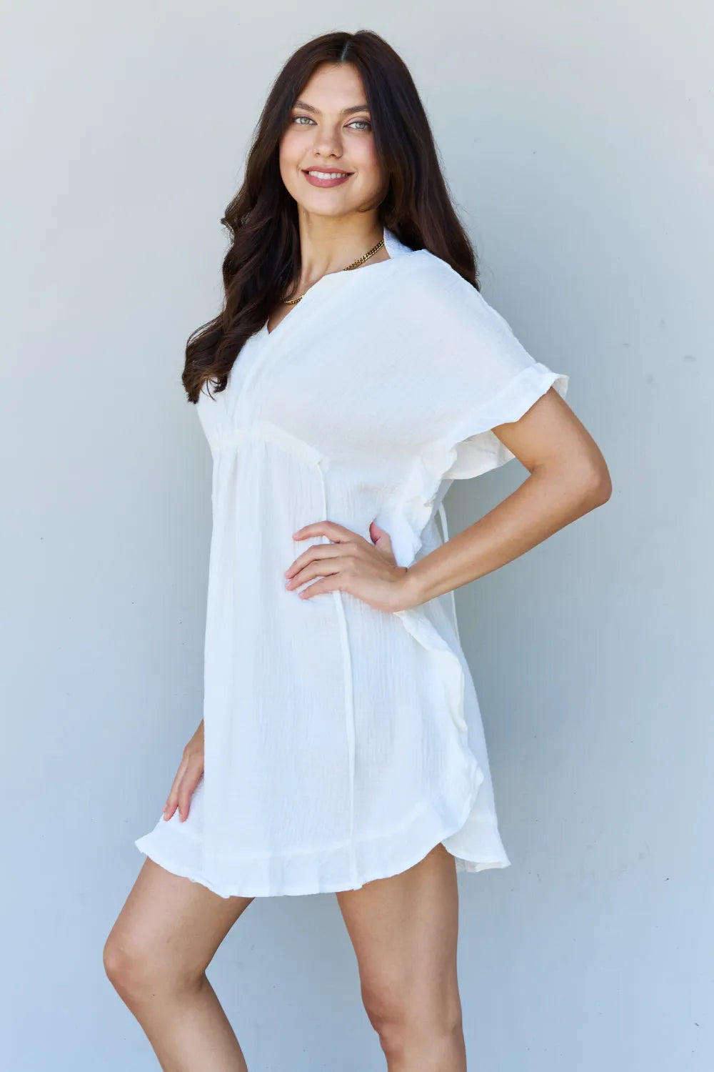 Ninexis Out Of Time Full Size Ruffle Hem Dress with Drawstring Waistband in White Casual Dresses - Tophatter Daily Deals