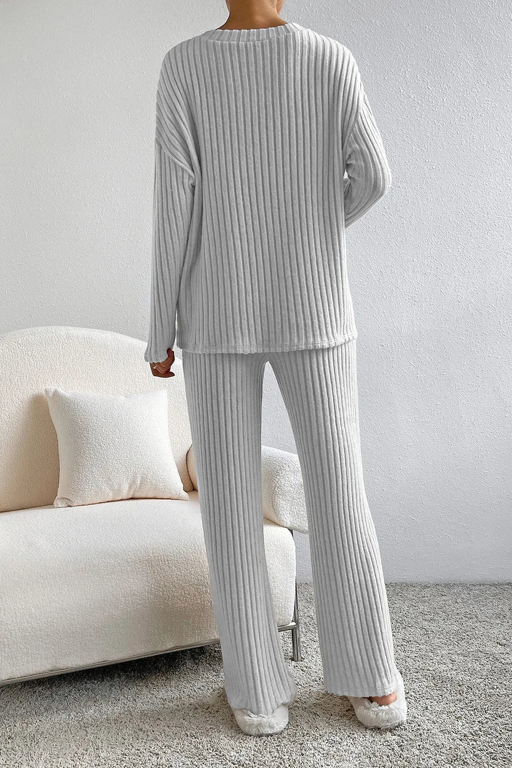 Light Grey Ribbed Knit V Neck Slouchy Two-piece Outfit Loungewear & Sleepwear/Loungewear - Tophatter Daily Deals