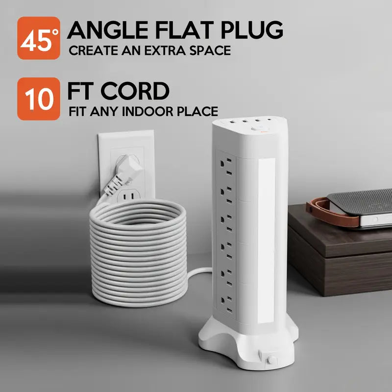 22-in-1 Power Strip Tower with 4 USB Ports & 9 AC Outlets, 10ft Extension Cable, 3-Color Night Light Electronics - Tophatter Daily Deals