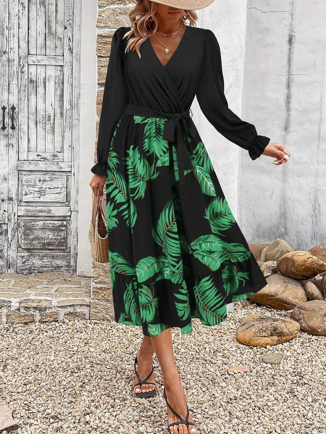 Tied Ruffled Printed Long Sleeve Dress Casual Dresses - Tophatter Daily Deals