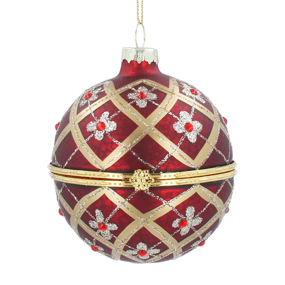 Red & Gold Floral Trellis Glass Locket Bauble | Christmas Tree Ornament - 8cm Baubles - Tophatter Daily Deals