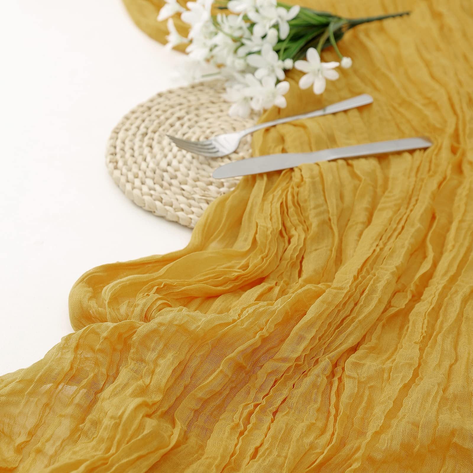 Balinese Crinkle Table Flag Boho Twist Tablecloth Mustard yellow 0 - Tophatter Daily Deals