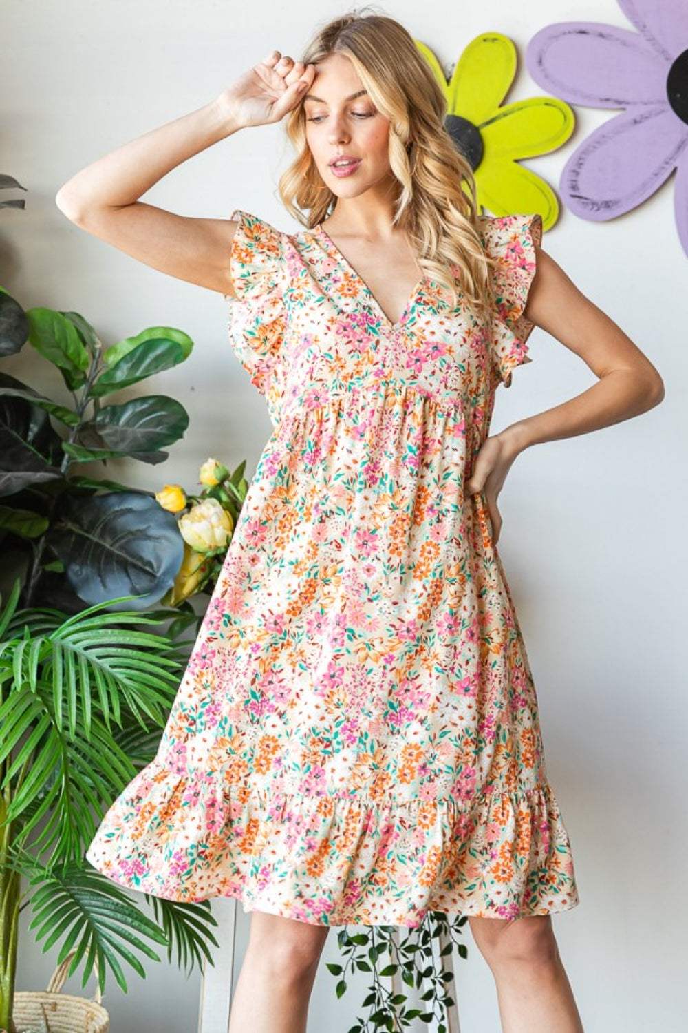 Heimish Full Size Floral Ruffled V-Neck Dress Casual Dresses - Tophatter Daily Deals