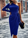 One-Shoulder Pleated Detail Belted Dress Cocktail Dresses - Tophatter Daily Deals