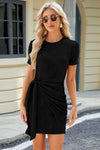 Tied Round Neck Short Sleeve Mini Dress Black Casual Dresses - Tophatter Daily Deals