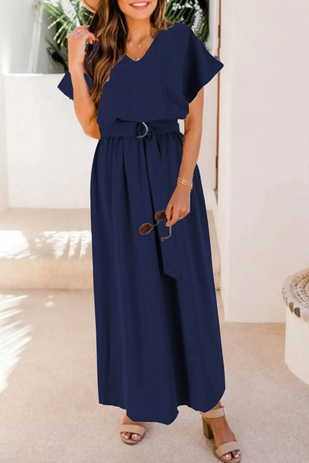 Ruched V-Neck Cap Sleeve Dress Navy Casual Dresses - Tophatter Daily Deals