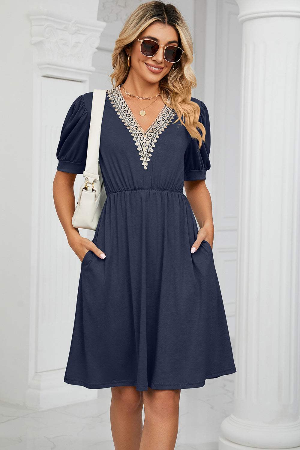 V-Neck Puff Sleeve Dress Navy Casual Dresses - Tophatter Daily Deals