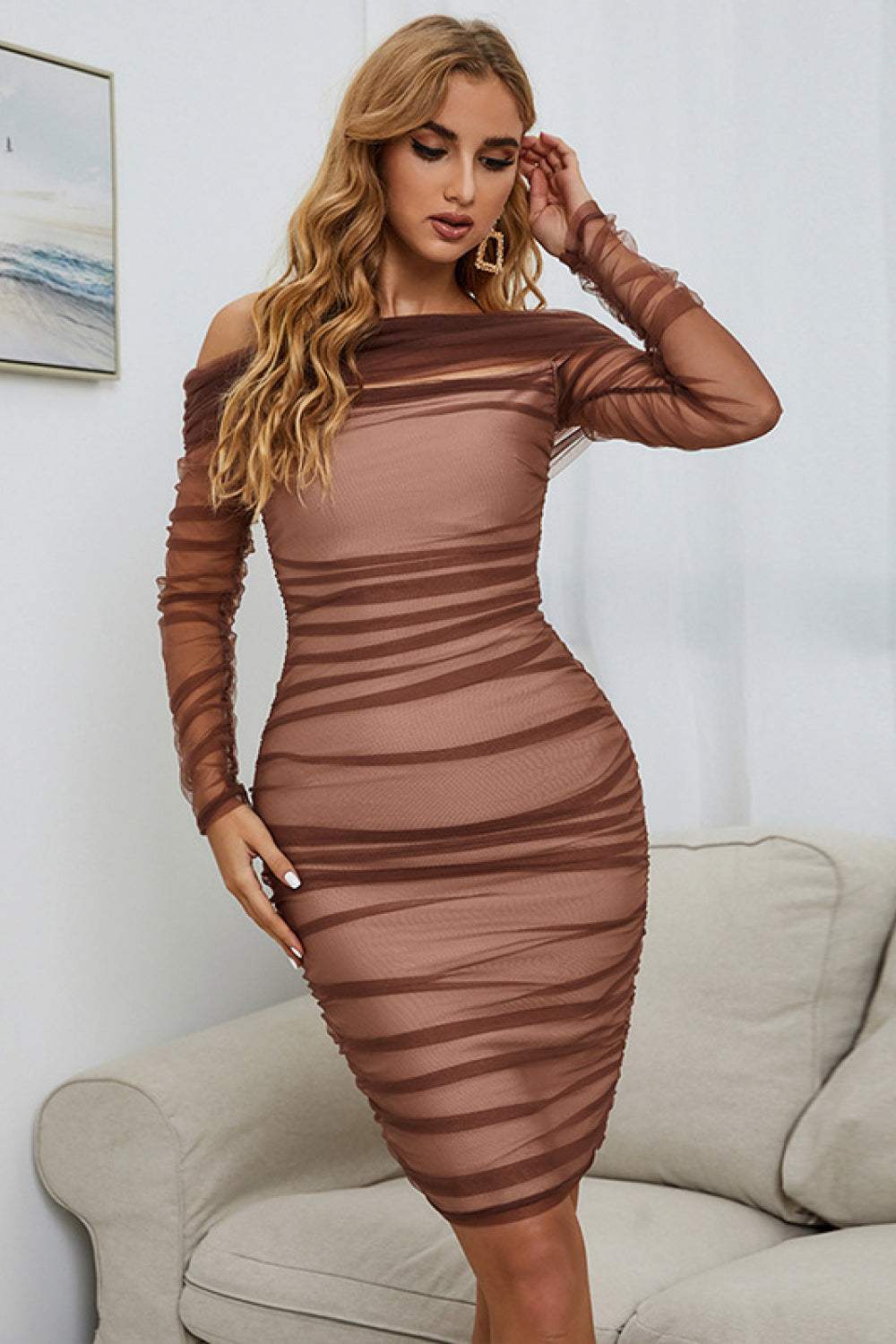 Off-Shoulder Ruched Long Sleeve Tulle Dress Cocktail Dresses - Tophatter Daily Deals