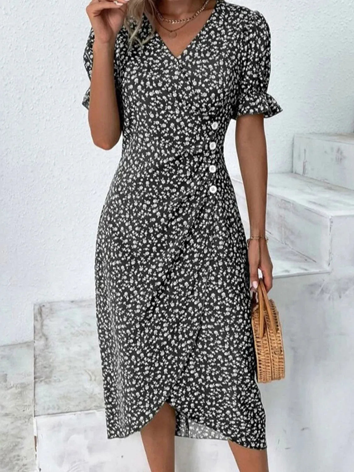 Full Size Printed Surplice Flounce Sleeve Midi Dress Black Casual Dresses - Tophatter Daily Deals