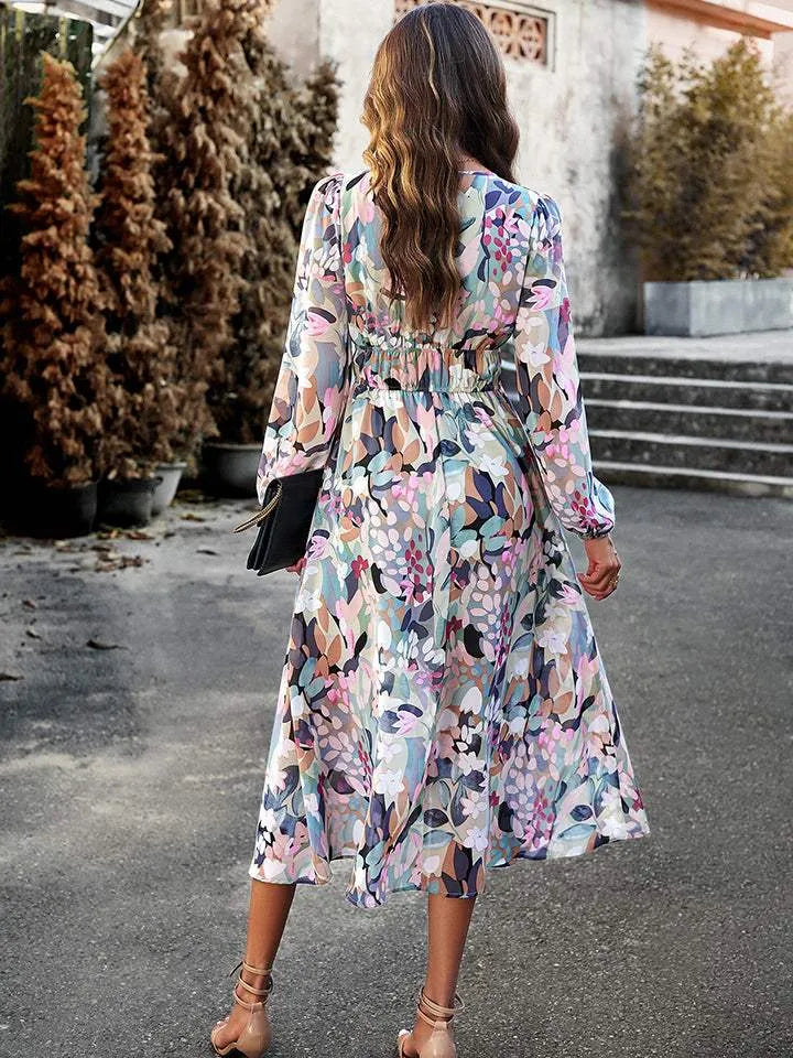 Printed V-Neck Long Sleeve Midi Dress Casual Dresses - Tophatter Daily Deals