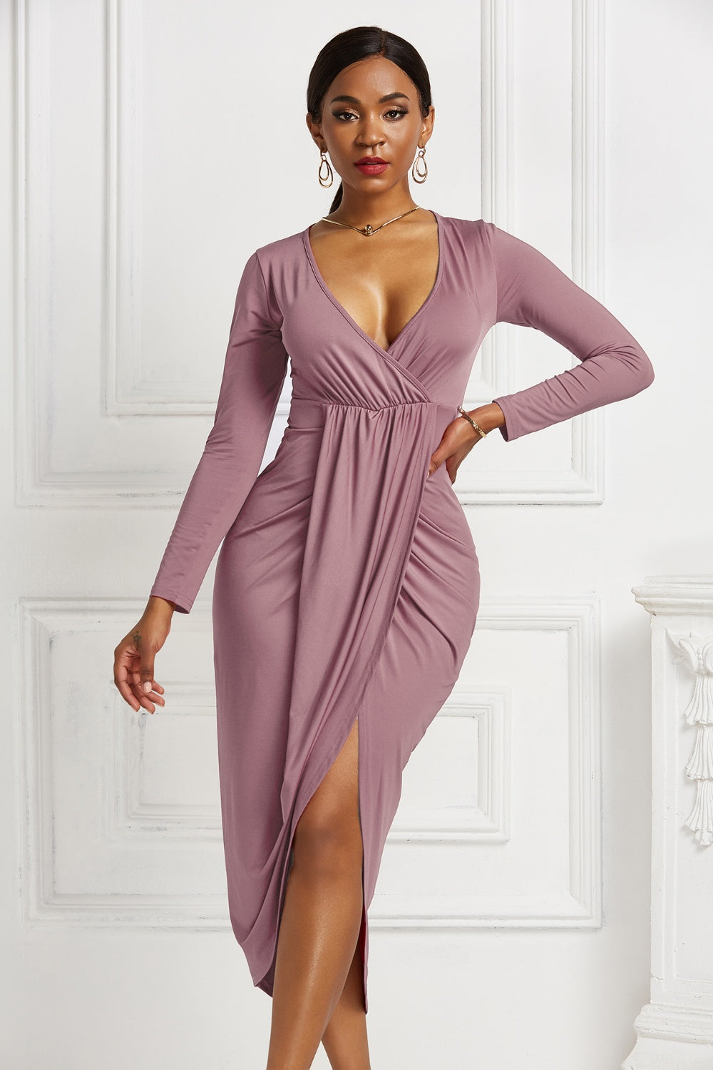 High-low Ruched Surplice Long Sleeve Dress - Tophatter Deals