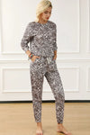 Leopard Round Neck Top and Drawstring Pants Lounge Set Loungewear Sets - Tophatter Daily Deals