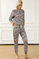 Leopard Round Neck Top and Drawstring Pants Lounge Set Loungewear Sets - Tophatter Daily Deals