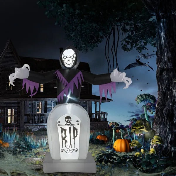 Grim Reaper Inflatable With LED Tombstone Halloween Decor 3D Changing Face Moving Picture Frame - Tophatter Daily Deals
