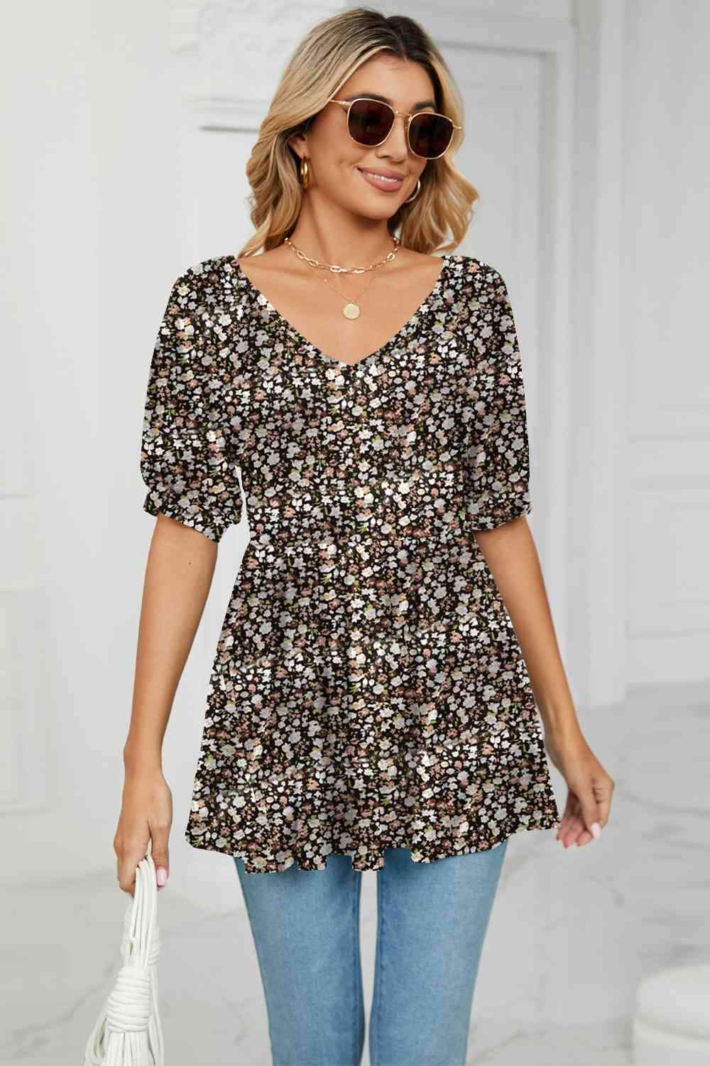 V-Neck Babydoll Blouse Heather Gray Blouses - Tophatter Daily Deals