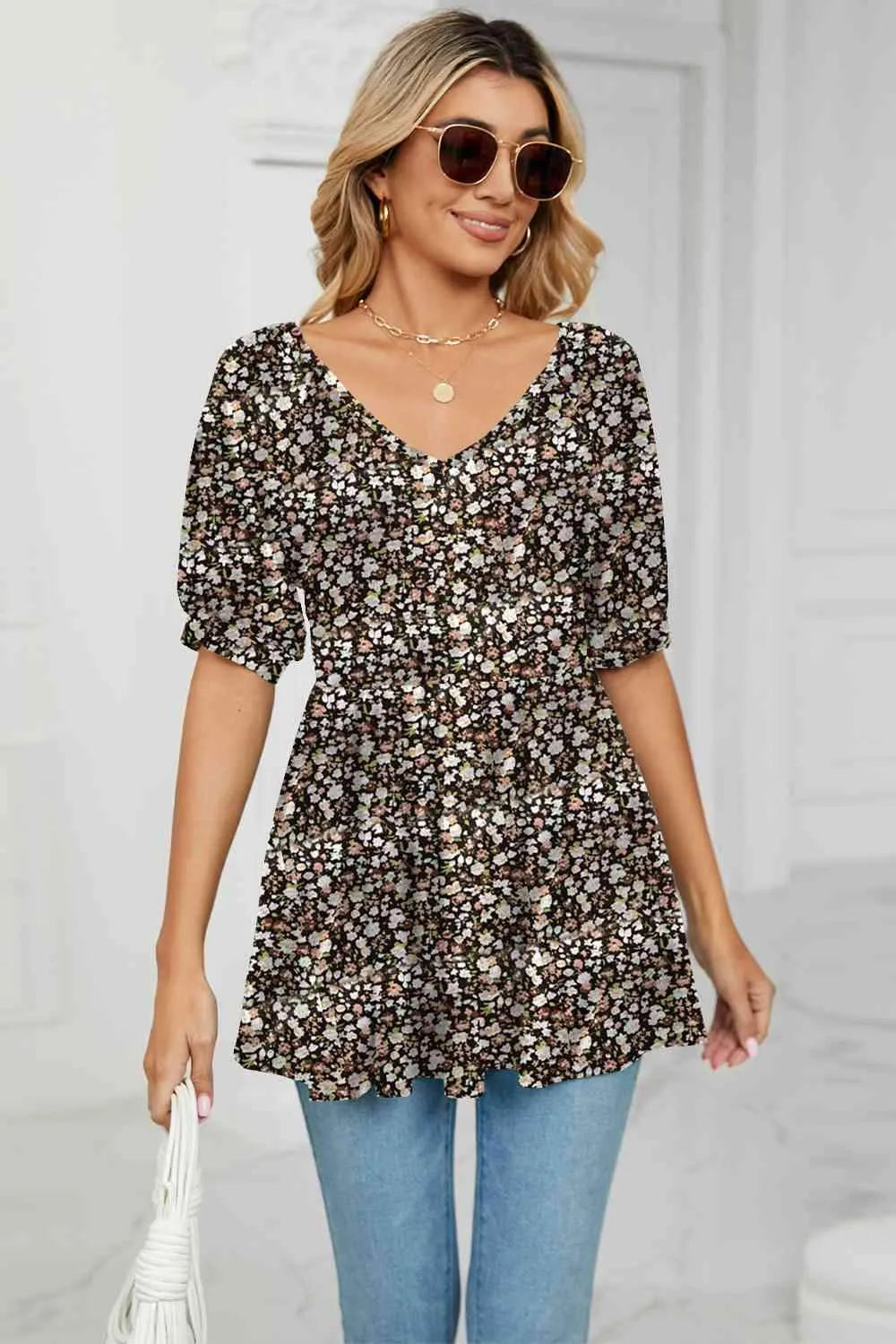 V-Neck Babydoll Blouse Heather Gray Blouses - Tophatter Daily Deals