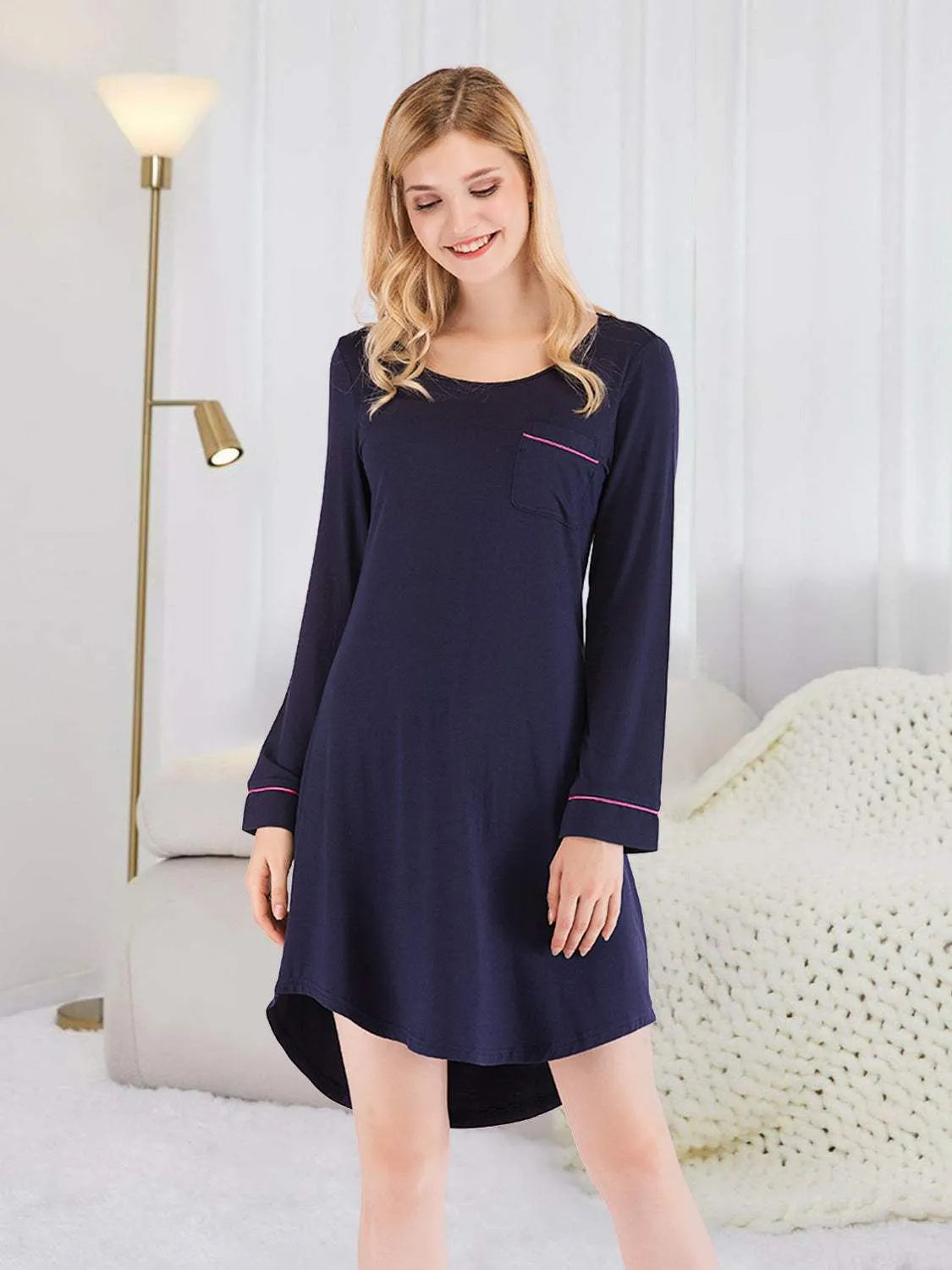 Round Neck Night Dress with Pocket Dark Navy Sleep Dresses - Tophatter Daily Deals