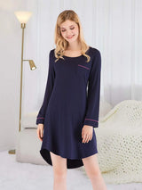 Round Neck Night Dress with Pocket Dark Navy Sleep Dresses - Tophatter Daily Deals