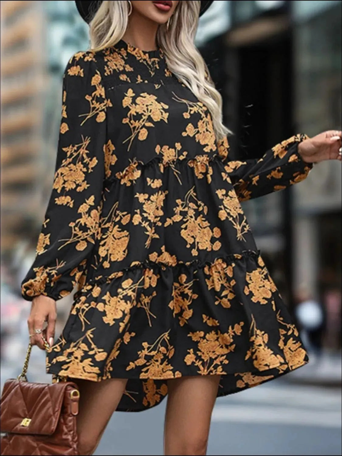 Frill Printed Long Sleeve Mini Dress Casual Dresses - Tophatter Daily Deals