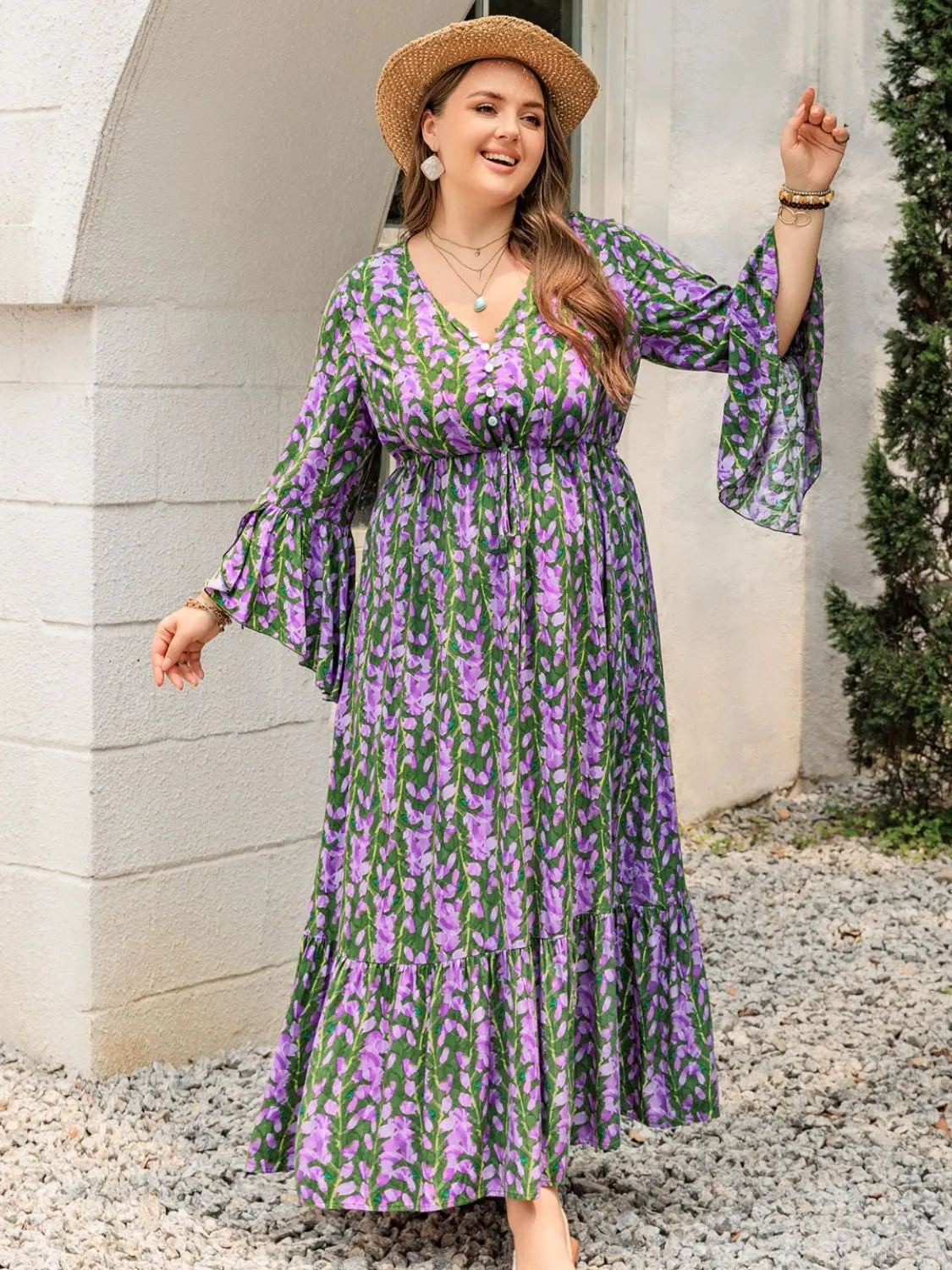 Plus Size Printed V-Neck Long Sleeve Maxi Dress Casual Dresses - Tophatter Daily Deals