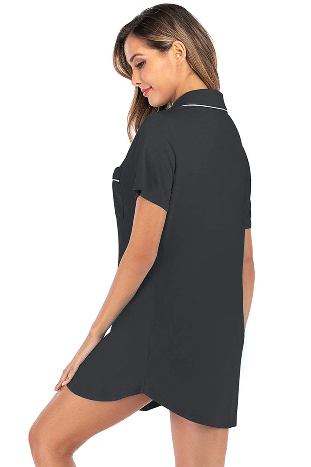 Contrast Piping Pocketed Short Sleeve Lounge Dress Sleep Dresses - Tophatter Daily Deals