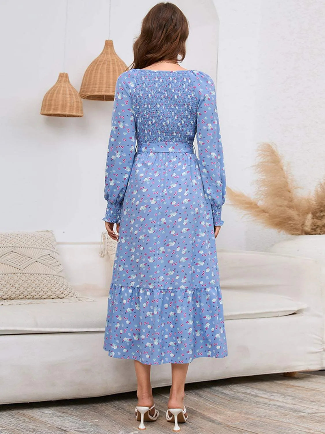Smocked V-Neck Tie Belt Dress Casual Dresses - Tophatter Daily Deals