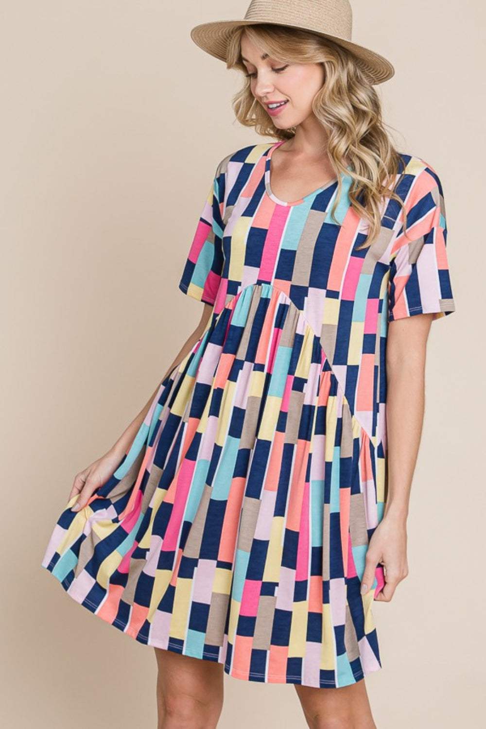 BOMBOM Ruched Color Block Short Sleeve Mini Dress Casual Dresses - Tophatter Daily Deals