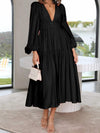 Deep V-Neck Balloon Sleeve Plain Maxi Dress Black Casual Dresses - Tophatter Daily Deals