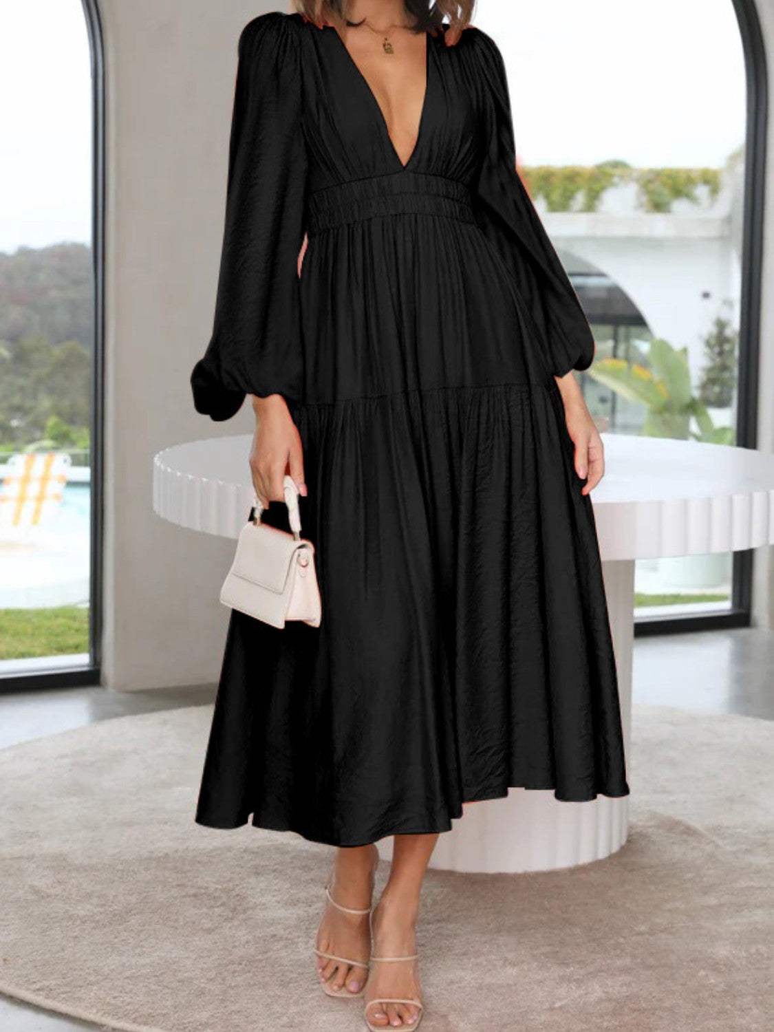 Deep V-Neck Balloon Sleeve Plain Maxi Dress Casual Dresses - Tophatter Daily Deals