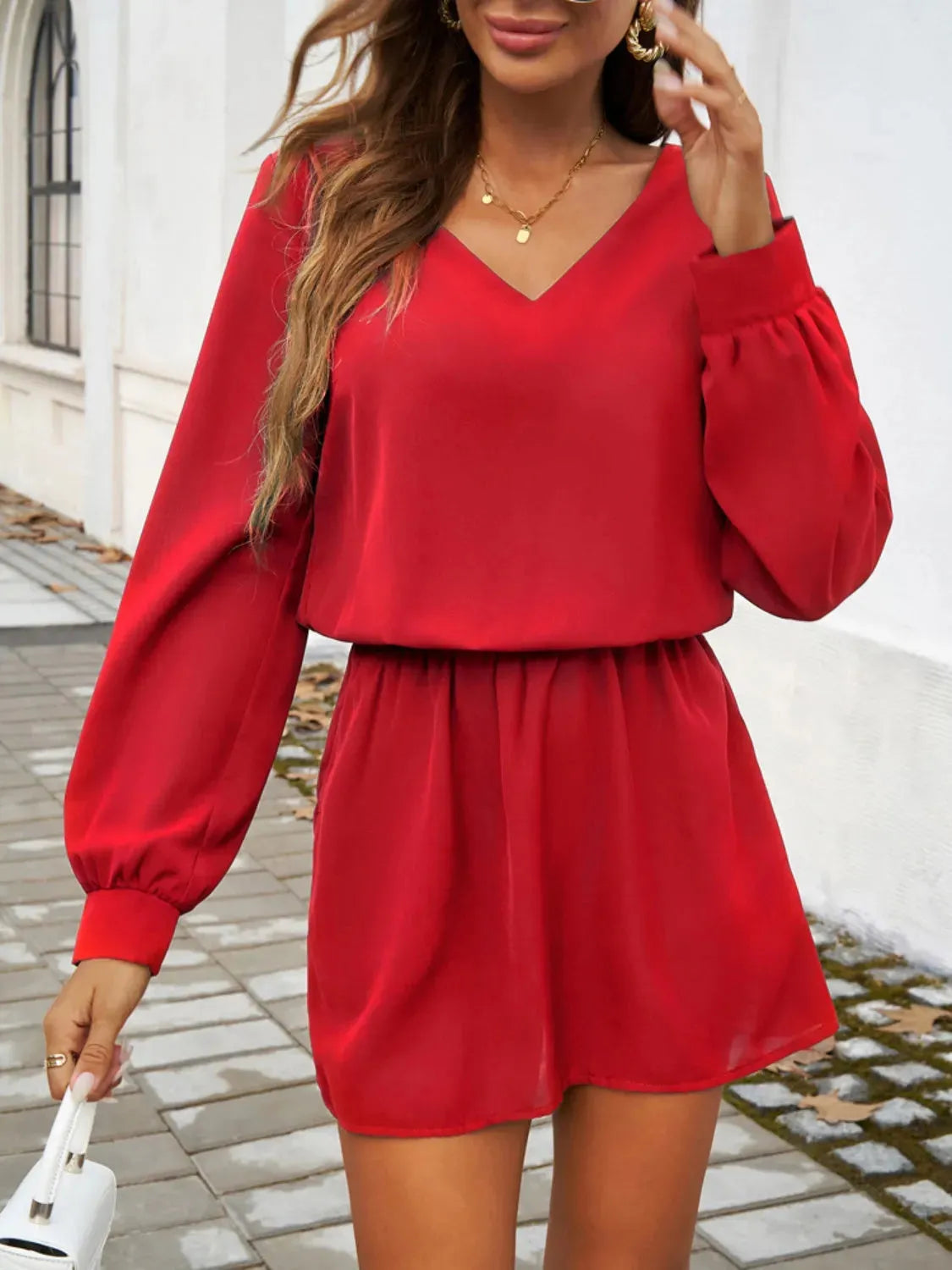 Cutout V-Neck Long Sleeve Mini Dress Deep Red Casual Dresses - Tophatter Daily Deals