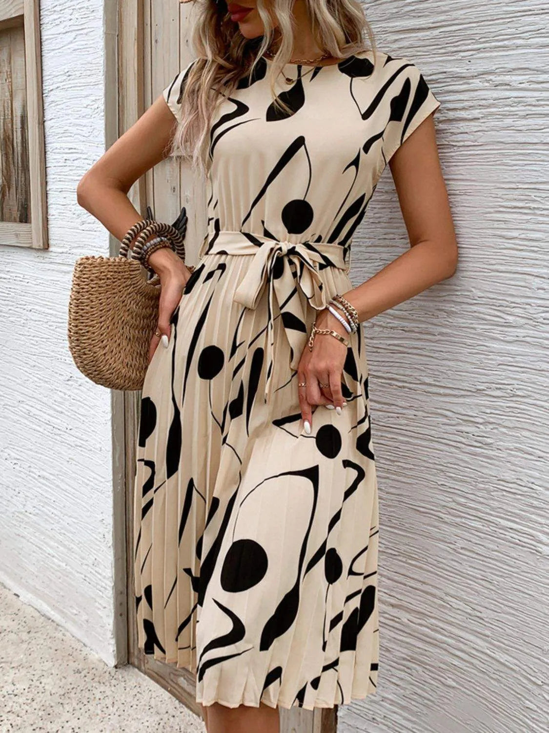 Tied Pleated Printed Cap Sleeve Dress Casual Dresses - Tophatter Daily Deals