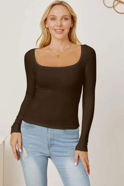 Square Neck Long Sleeve T-Shirt Chocolate Women's T-Shirts - Tophatter Daily Deals