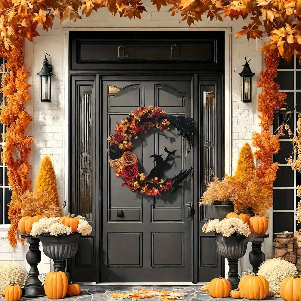 Gothic Halloween Wreath Witch Cat Moon Decor Occasions > Christmas > Christmas Wreaths & Garlands - Tophatter Daily Deals