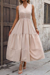 Decorative Button Notched Tiered Dress Dust Storm Casual Dresses - Tophatter Daily Deals