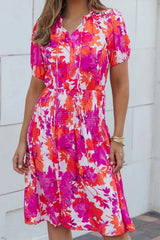 Smocked Printed Tie Neck Short Sleeve Dress Casual Dresses - Tophatter Daily Deals