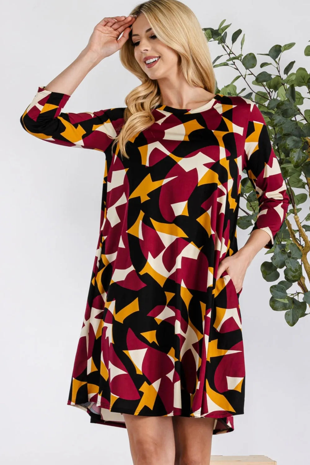 Celeste Full Size Geometric Round Neck Dress with Pockets Casual Dresses - Tophatter Daily Deals