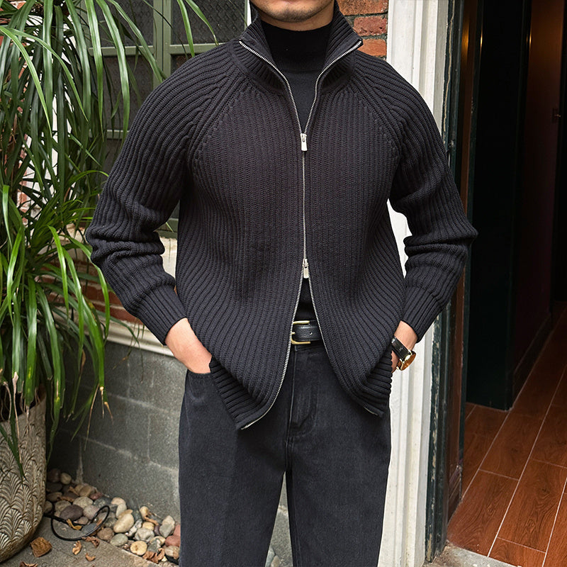 Fitted Men’s Cardigan - Stand Up Collar, Slim Rib Knit Black 3D Changing Face Moving Picture Frame - Tophatter Daily Deals