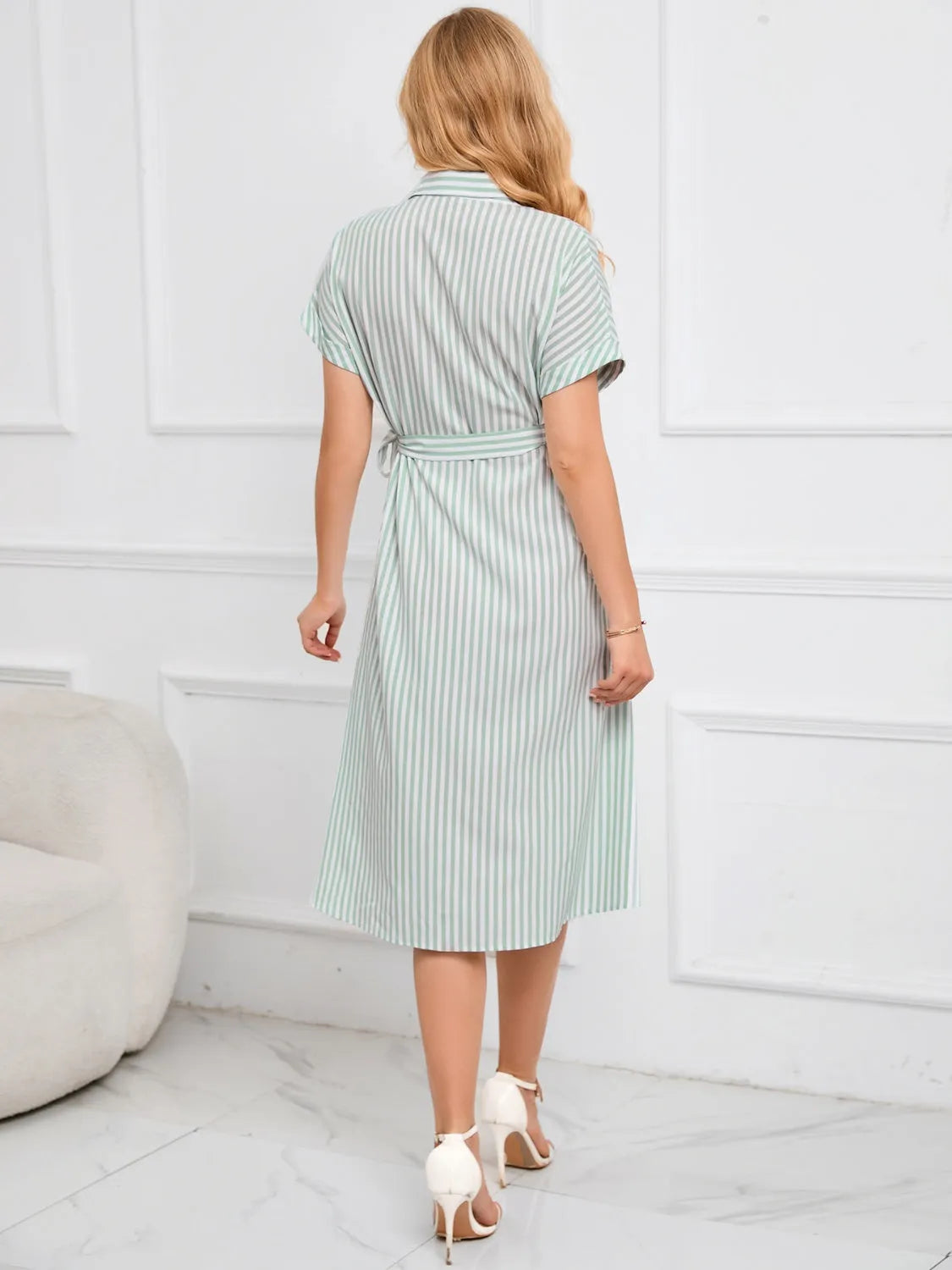 Striped Short Sleeve Tie Waist Midi Dress Casual Dresses - Tophatter Daily Deals