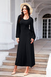 Tie Back Ribbed Round Neck Long Sleeve Dress Black Casual Dresses - Tophatter Daily Deals