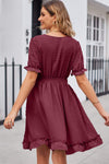 Swiss Dot Frill Trim Flounce Sleeve V-Neck Dress Casual Dresses - Tophatter Daily Deals