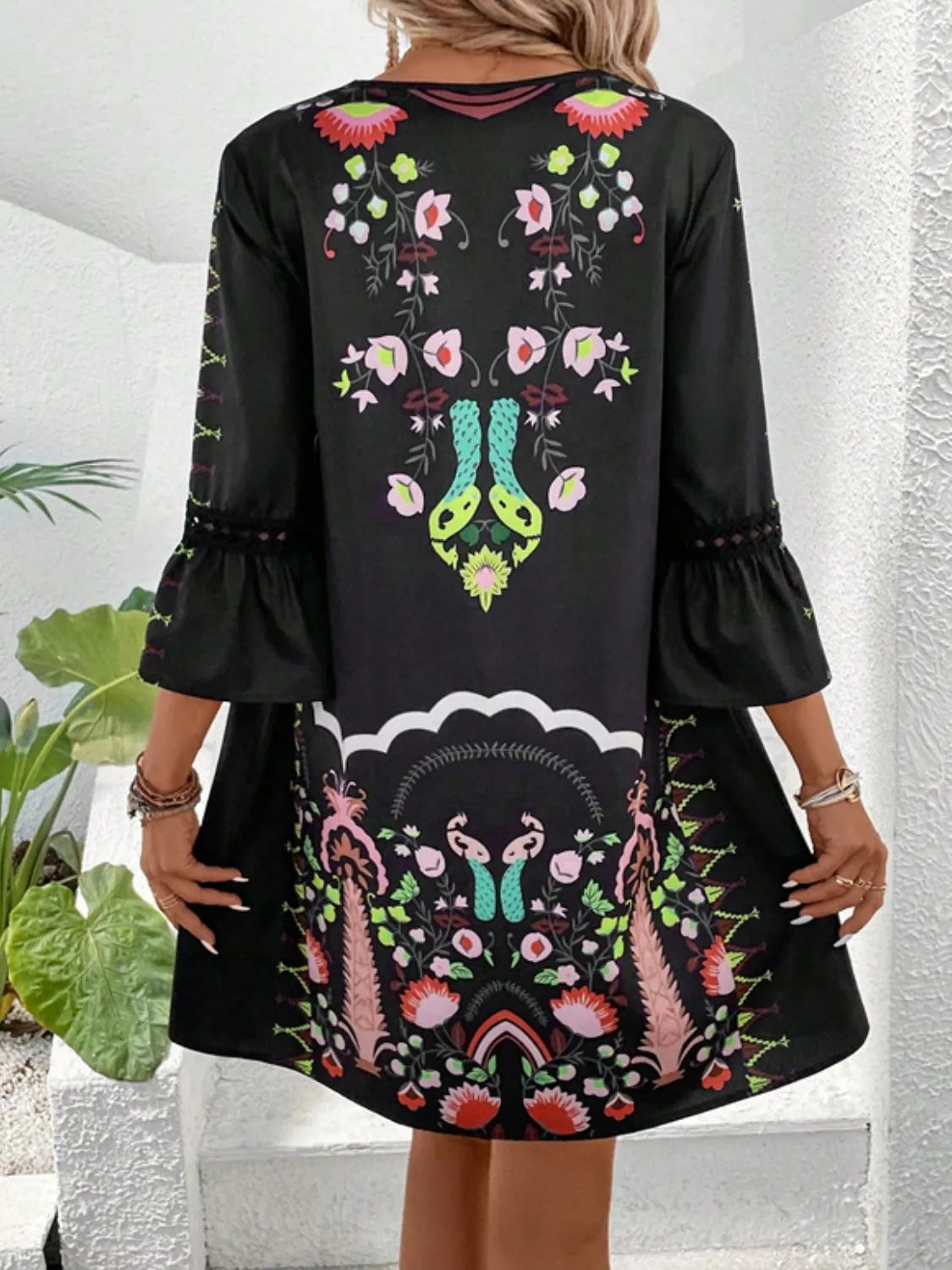 Lace Detail Printed Three-Quarter Sleeve Dress Casual Dresses - Tophatter Daily Deals