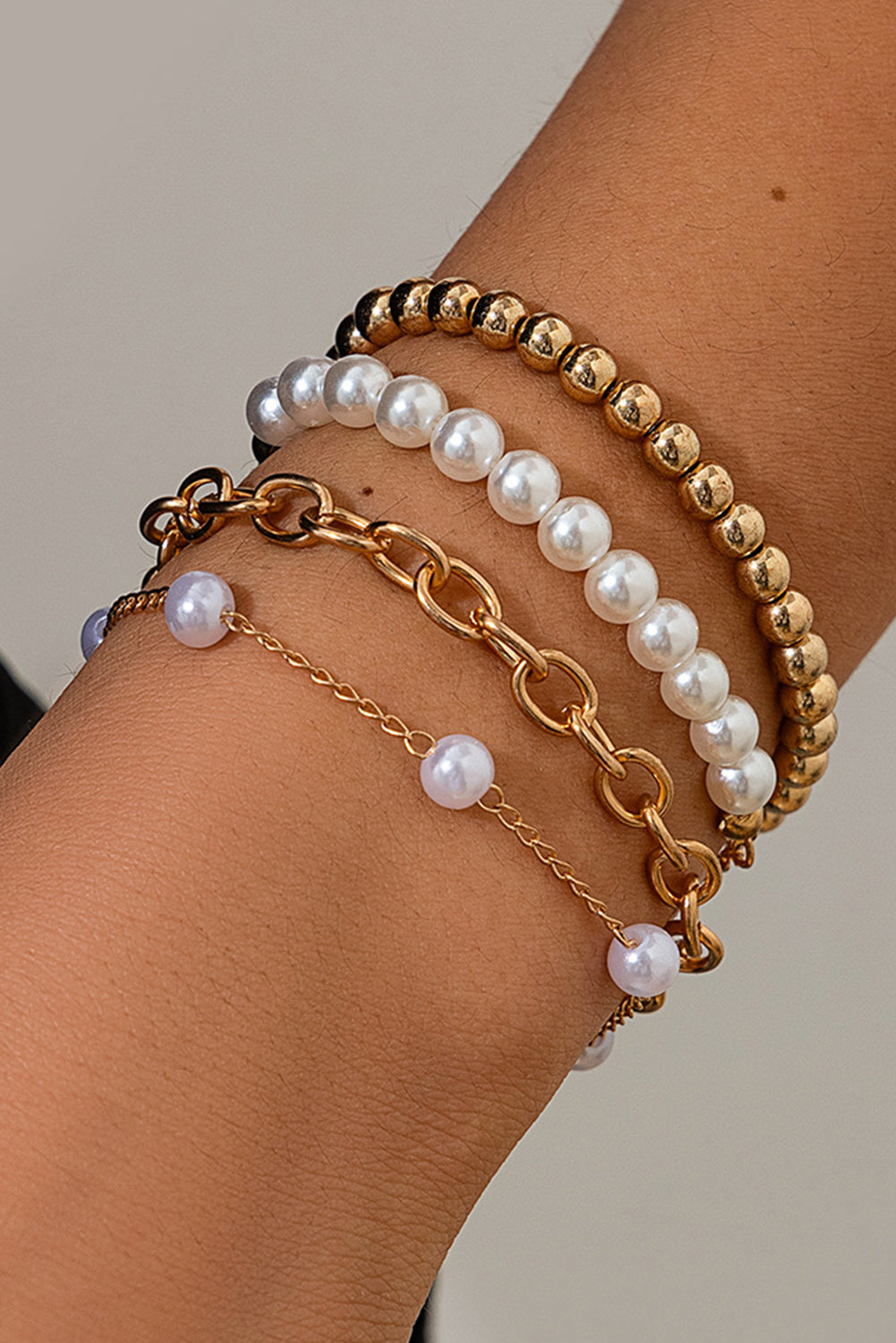 Gold Plated Chain Pearl Beaded 4Pcs Minimalist Bracelet Set Bracelets - Tophatter Daily Deals