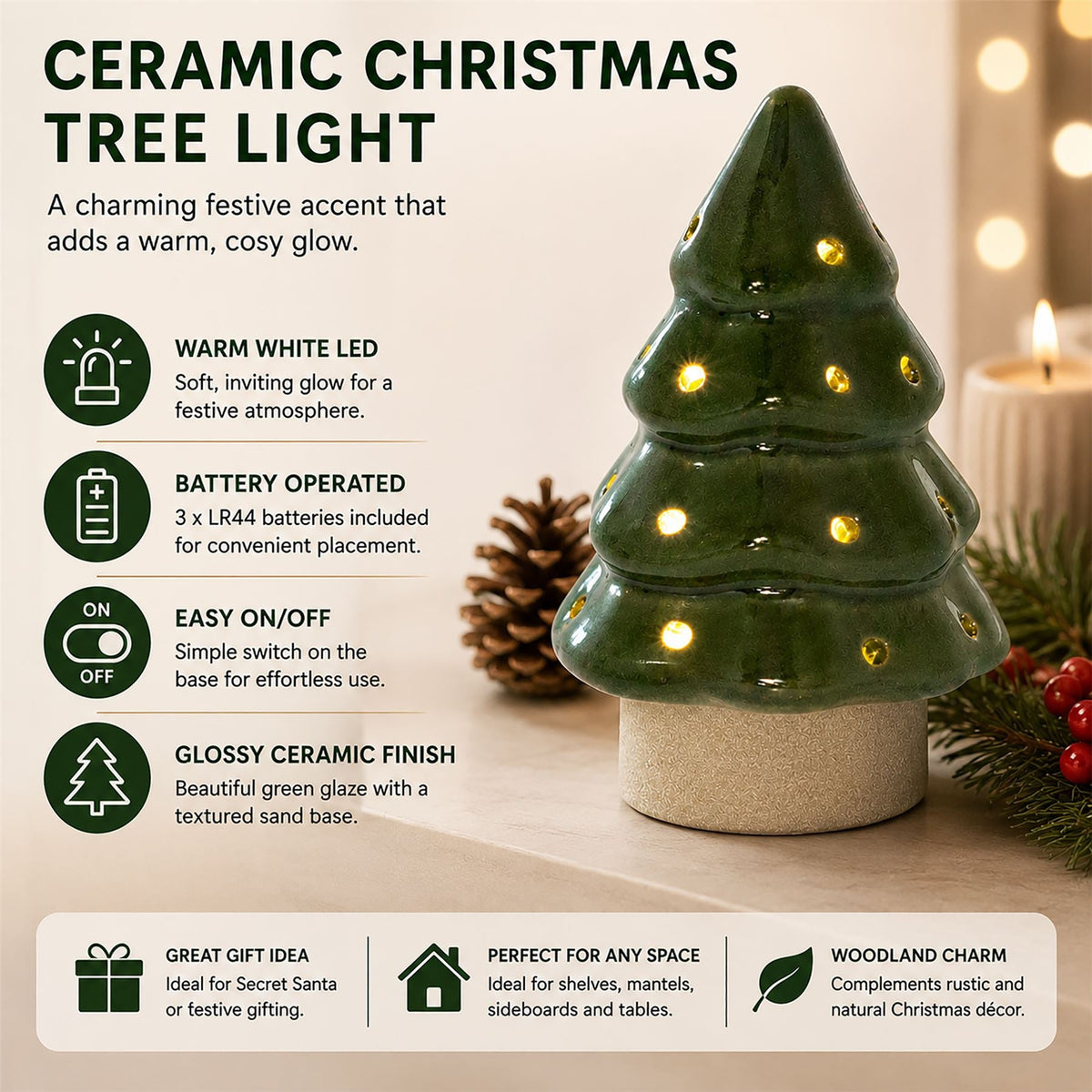 Christmas Tree LED Light, 13cm Battery Operated Green Ceramic Decoration LED Light - Tophatter Daily Deals