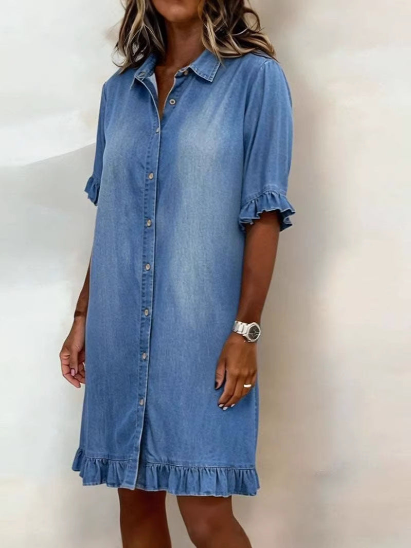 Women's Faux Denim Ruffle-Sleeve Shirt Dress Blue Women's Dresses - Tophatter Daily Deals