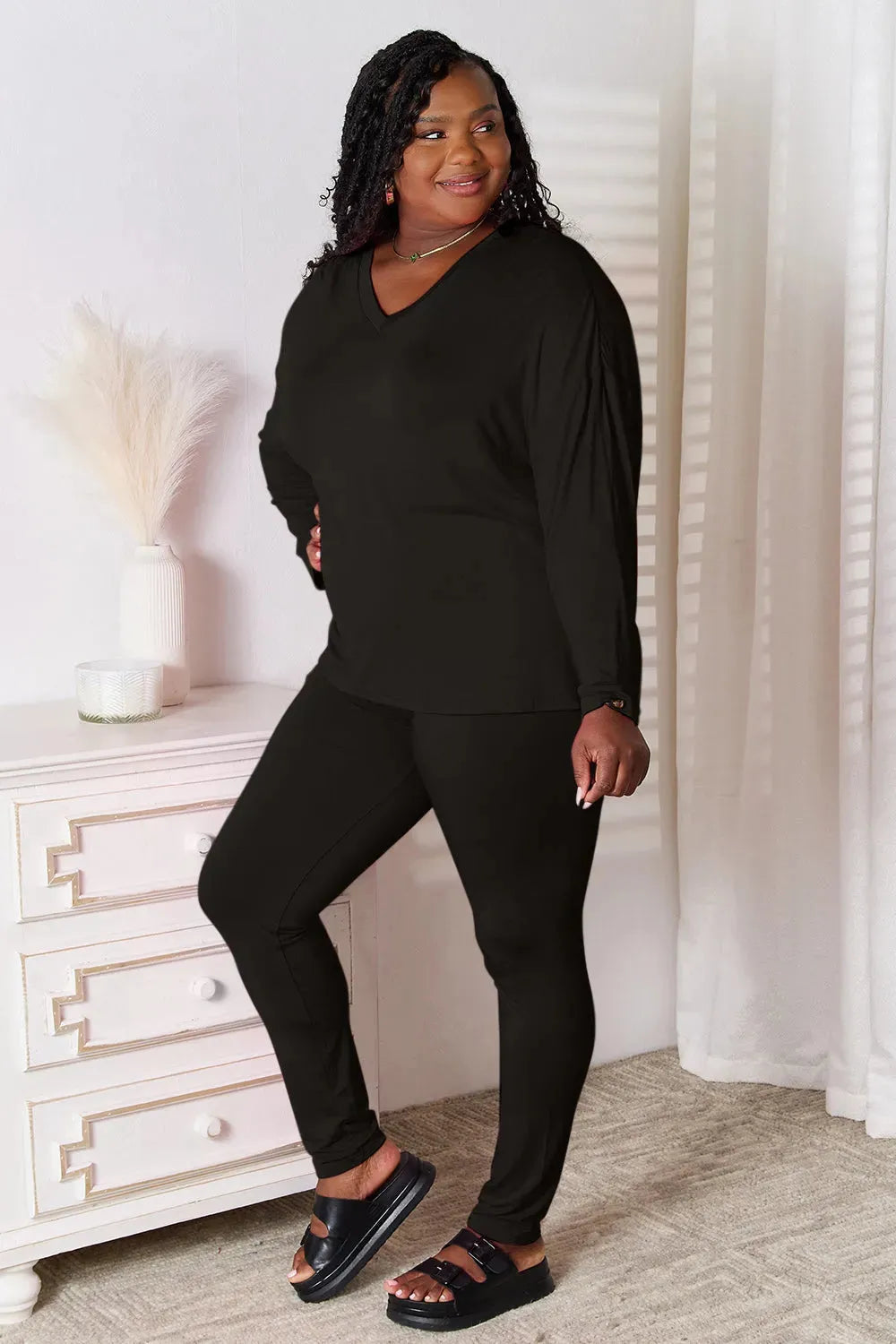Basic Bae Full Size V-Neck Soft Rayon Long Sleeve Top and Pants Lounge Set Loungewear Sets - Tophatter Daily Deals
