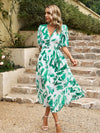 Devine Smocked Printed V-Neck Half Sleeve Midi Dress Gum Leaf Casual Dresses - Tophatter Daily Deals