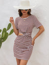 Cutout Striped Round Neck Short Sleeve Dress Chestnut Casual Dresses - Tophatter Daily Deals